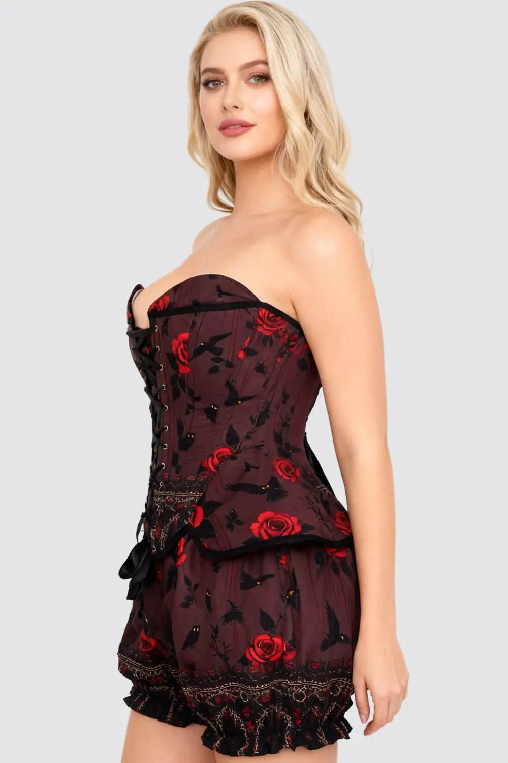 Brandalynn Crimson Night Owl Corset & Pantaloni Scurți Bufanți Set