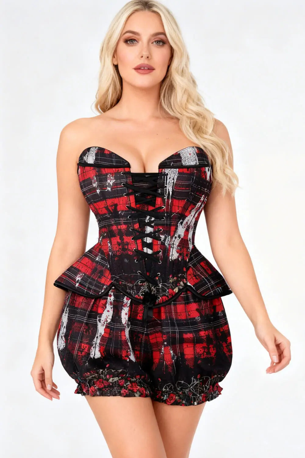 Whittnie Grunge Tartan Corset & Pantaloni Scurți Bufanți Set – Stil rebel cu influențe grunge