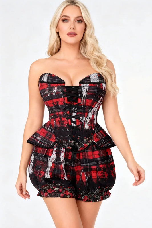 Whittnie Grunge Tartan Corset & Pantaloni Scurți Bufanți Set – Stil rebel cu influențe grunge