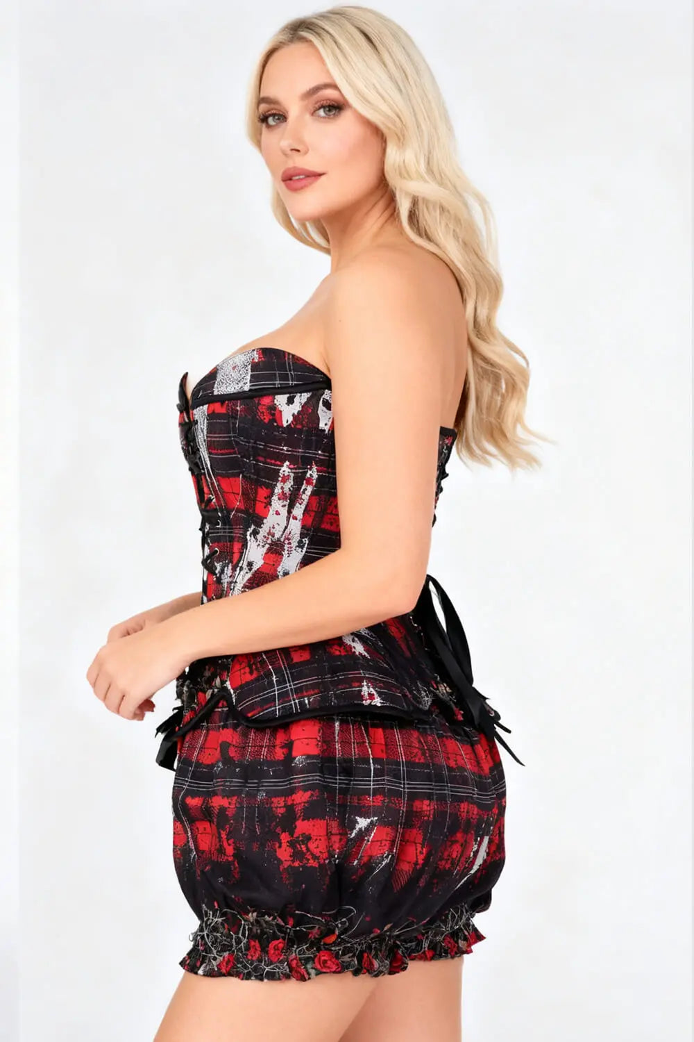 Whittnie Grunge Tartan Corset & Pantaloni Scurți Bufanți Set – Stil rebel cu influențe grunge