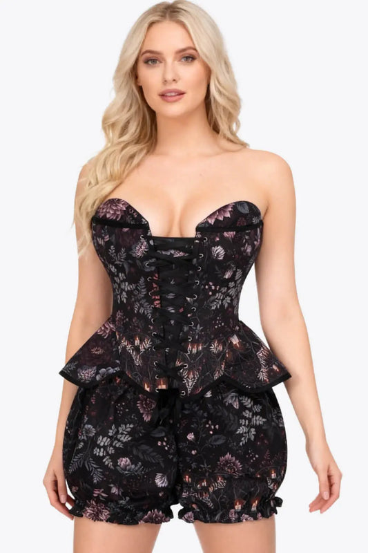 Set corset Whittley Midnight Candlelight Floral si pantaloni scurți bufanți – eleganță vintage și rafinament feminin