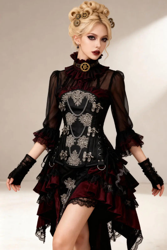 Corset Steampunk Heidi Underbust din Piele Ecologică cu Broderie și Lanțuri