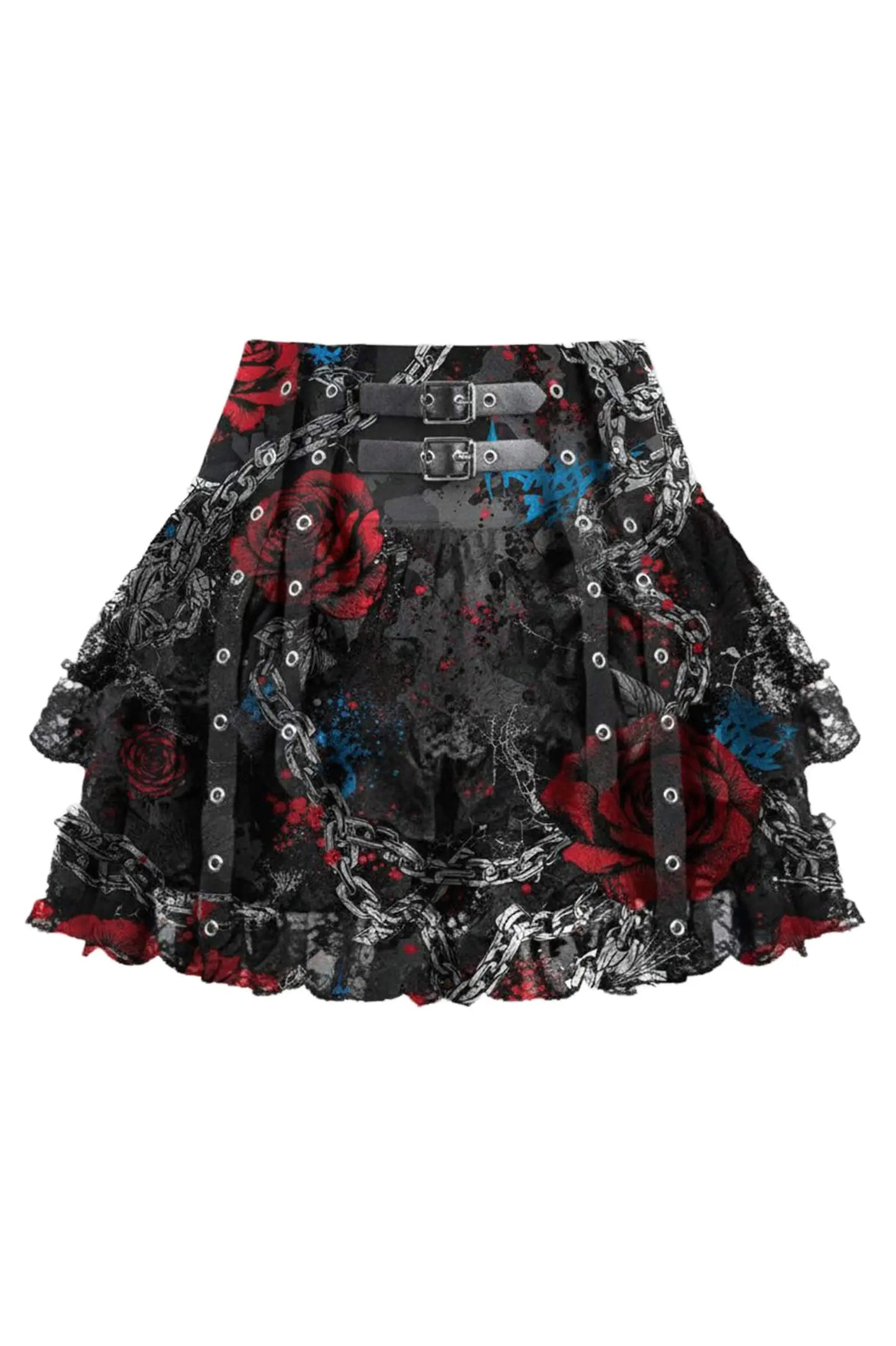 Ginna Baroque Gothic Inspired Mini Skirt – Fustă Mini Satinată cu Print Baroc și Volane