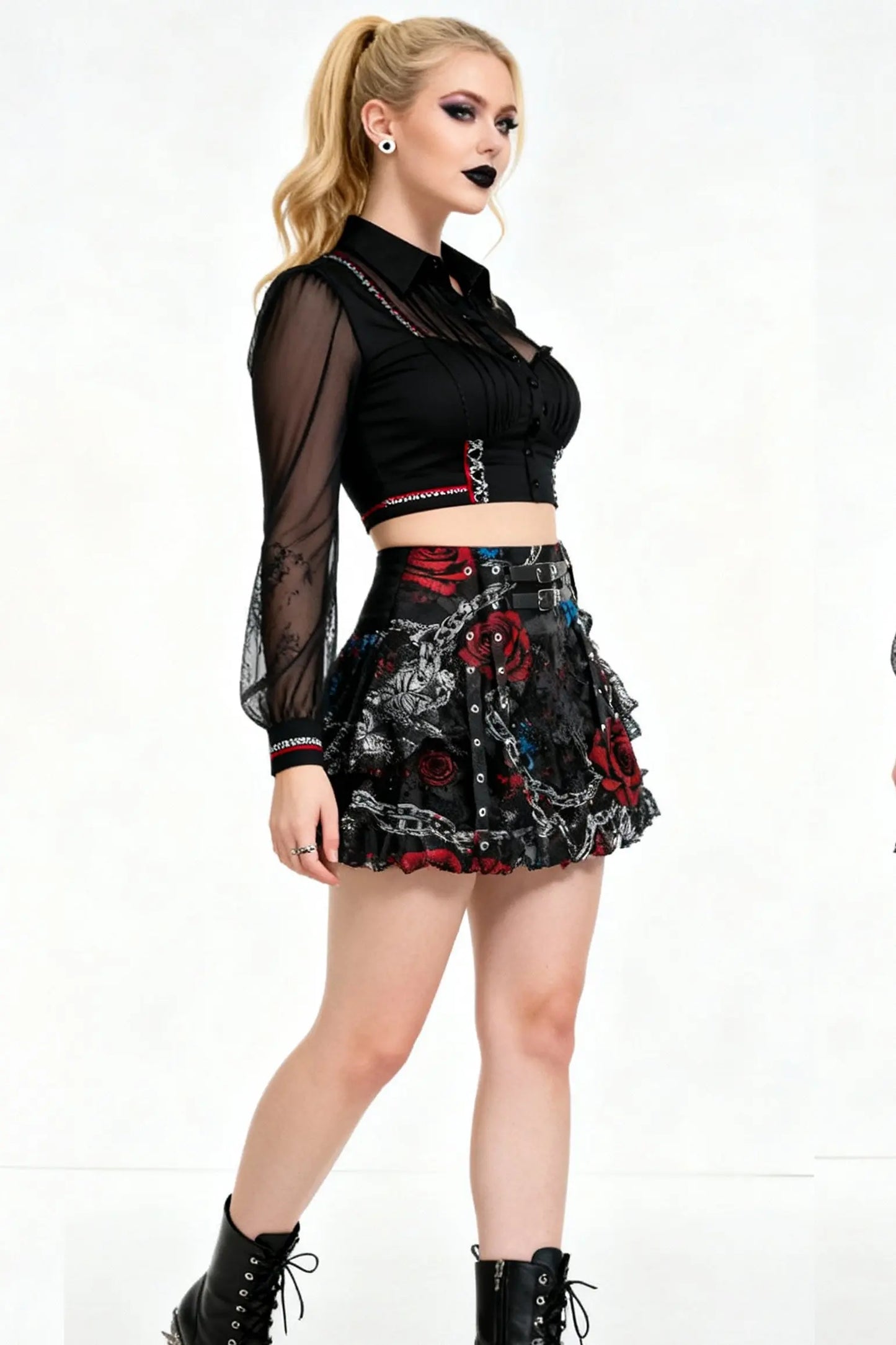Ginna Baroque Gothic Inspired Mini Skirt – Fustă Mini Satinată cu Print Baroc și Volane