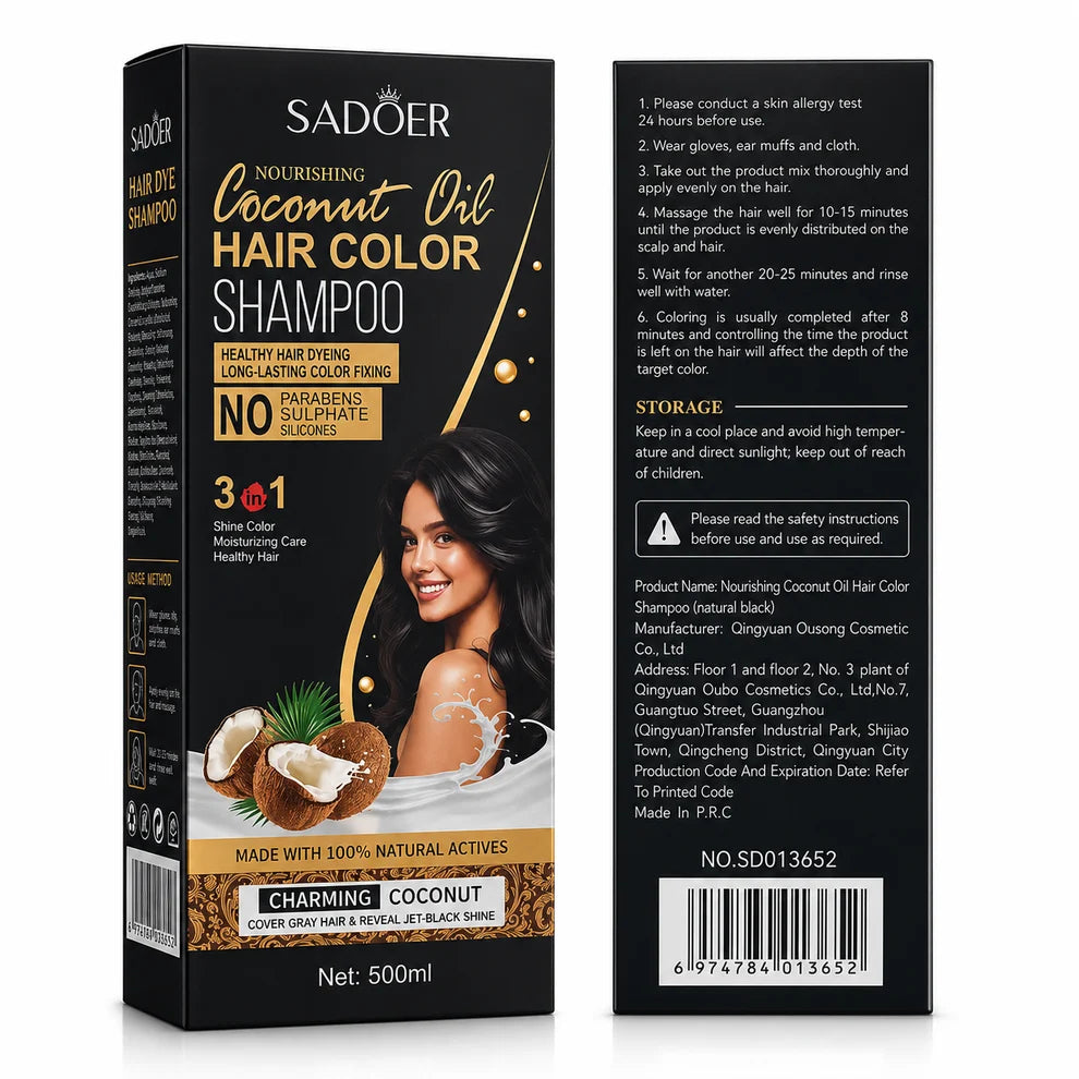 Șampon Colorant pentru fire albe cu Ulei de Cocos pentru Păr Negru Natural, 500 ml