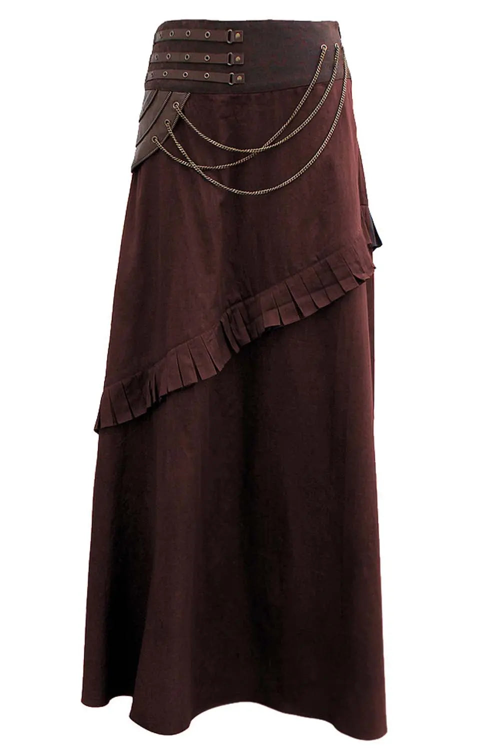 Maritza Brown Cotton Steampunk Skirt – Fustă A-Line din Bumbac cu Lanțuri Decorative