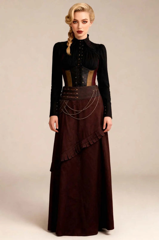 Maritza Brown Cotton Steampunk Skirt – Fustă A-Line din Bumbac cu Lanțuri Decorative