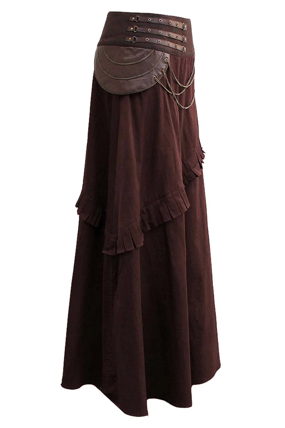 Maritza Brown Cotton Steampunk Skirt – Fustă A-Line din Bumbac cu Lanțuri Decorative