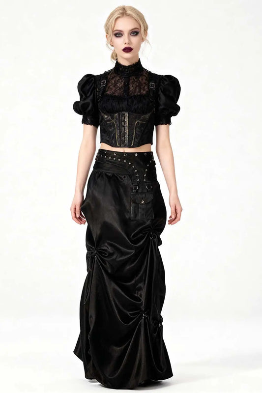 Anuja Steampunk Black Ruched Long Skirt – Fustă Lungă Satinată cu Talie Tip Corset