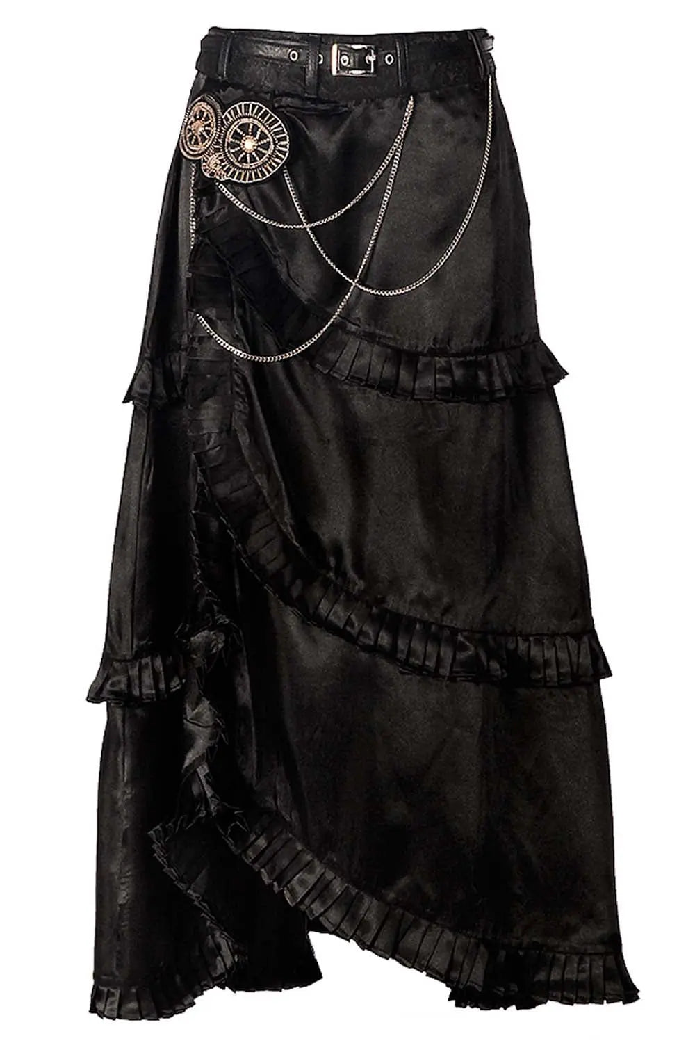 Delores Steampunk Embroidered Layered Skirt – Fustă Neagră Satinată Asimetrică