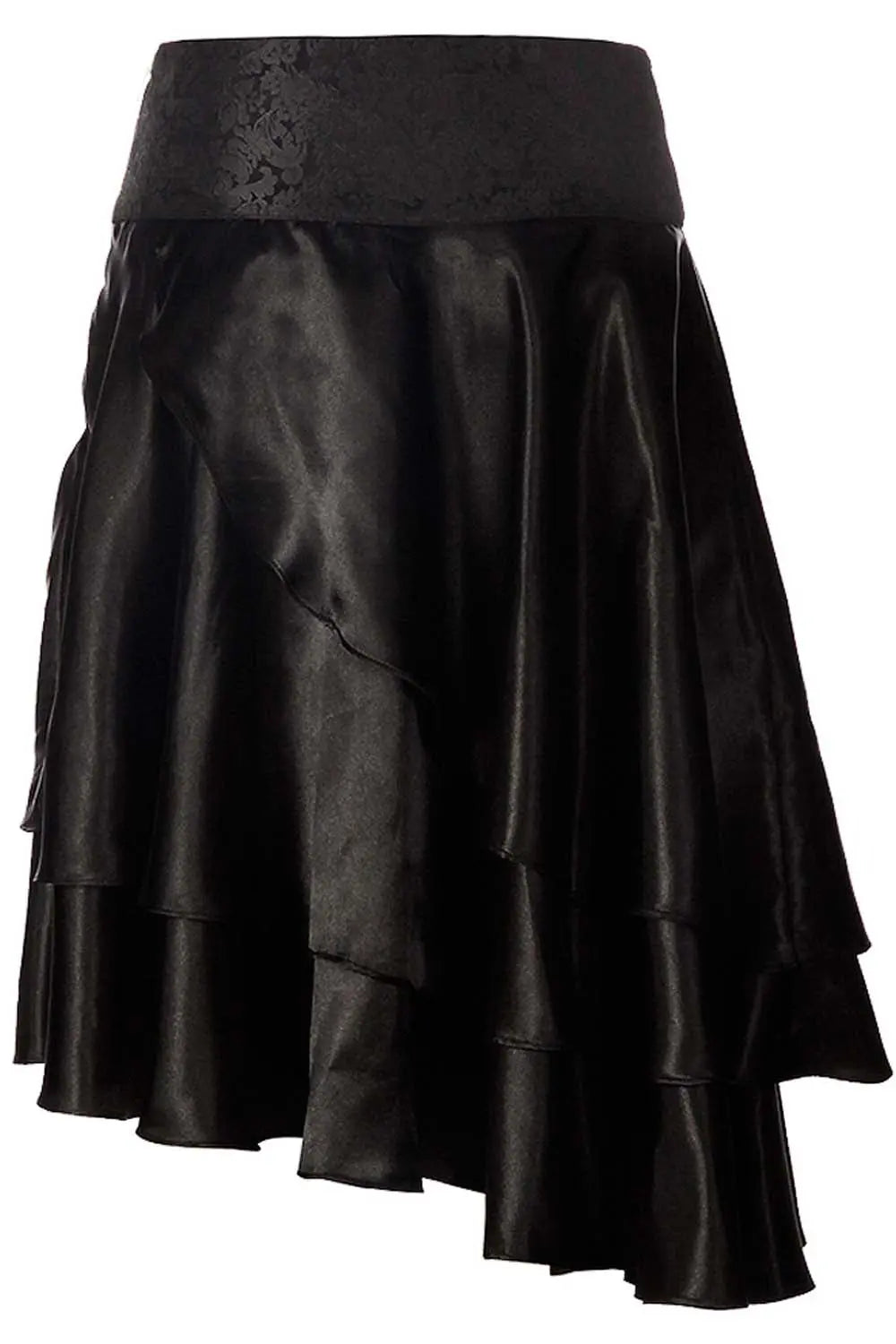 Fustă Steampunk Joleen Neagră din Satin, Model Asimetric cu Broderie
