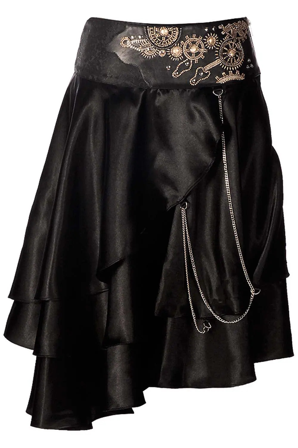 Fustă Steampunk Joleen Neagră din Satin, Model Asimetric cu Broderie