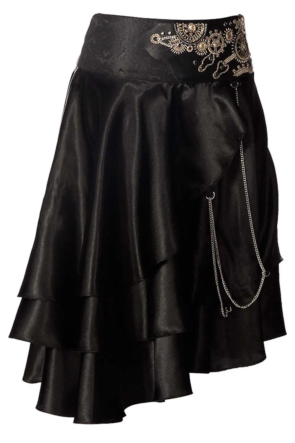 Fustă Steampunk Joleen Neagră din Satin, Model Asimetric cu Broderie