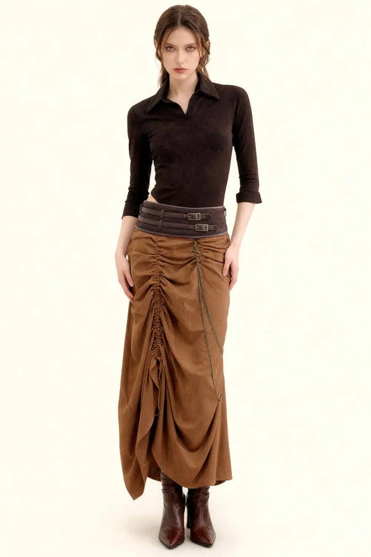 Fustă Steampunk Masie din Bumbac, Model Bustle cu Detalii din Piele Ecologică