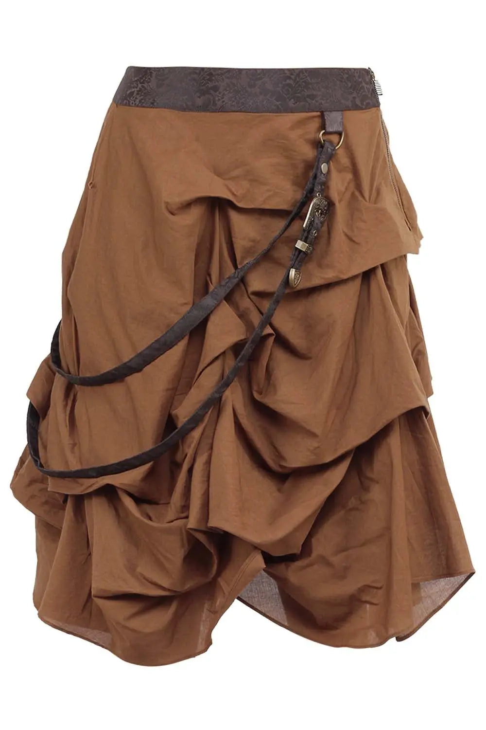 Fustă Steampunk Sheba din Bumbac Culoare Bej, Model Ruched cu Volane