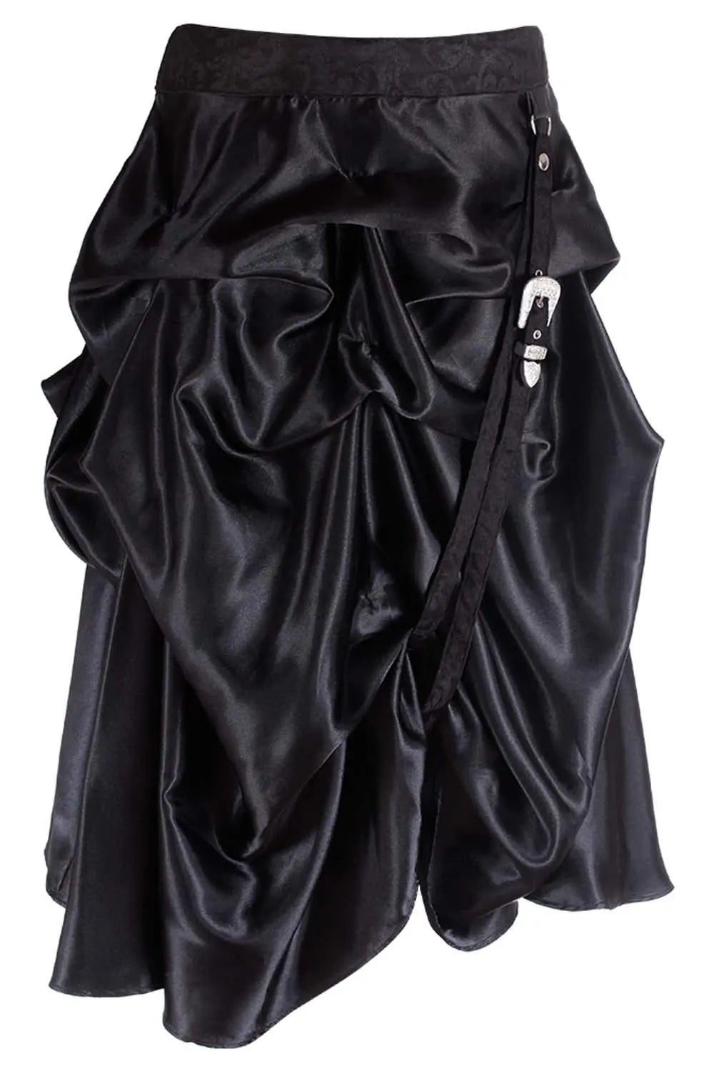 Fustă Steampunk Satin Negru cu Drapaj – Eleganță Victoriană Stil Gothic