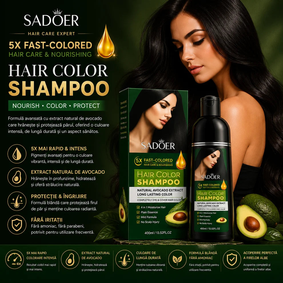 Imagine de prezentare a șamponului colorant negru SADOER cu avocado, 400 ml, alături de o femeie cu păr negru ⠋