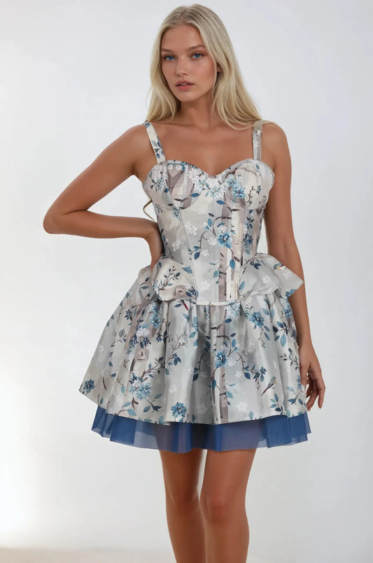 Set corset și fustă Kemberly Woodland Floral din tafta argintie