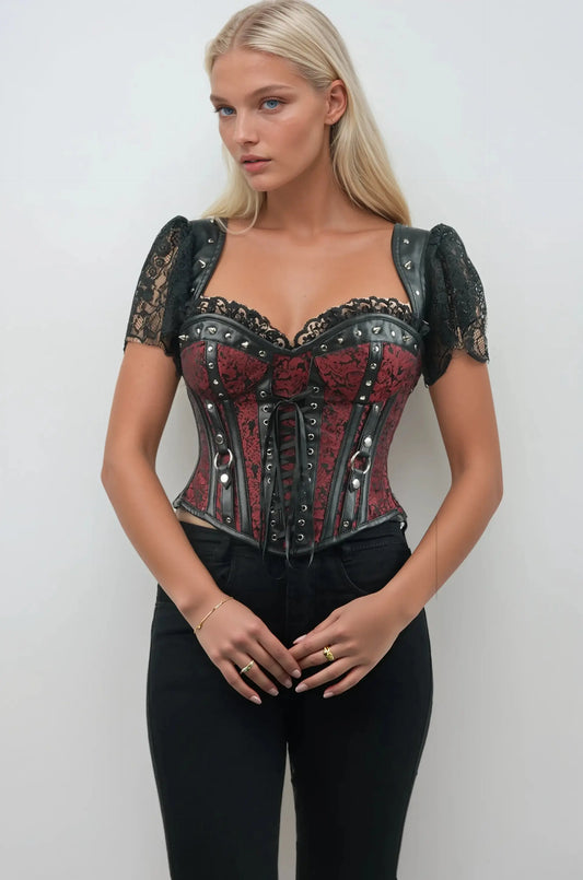 Jerilyn Studs Detailing Overbust Maroon Brocade Corset