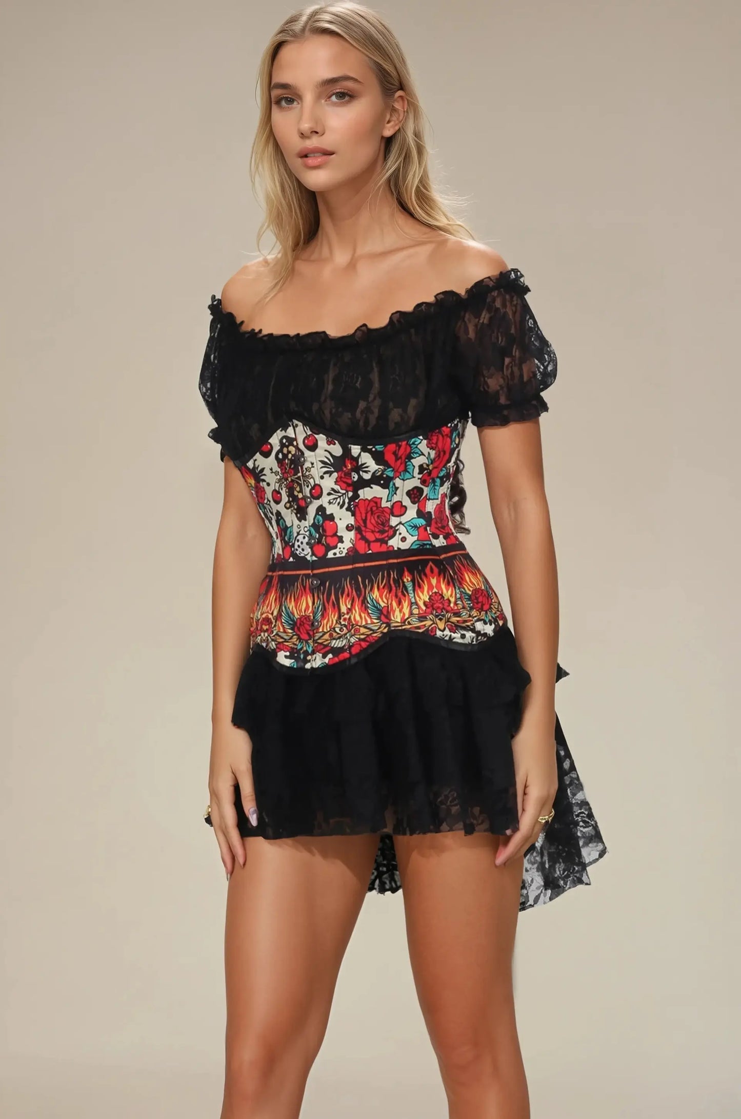 Talani Corset Underbust cu Trandafiri Retro și Flăcări