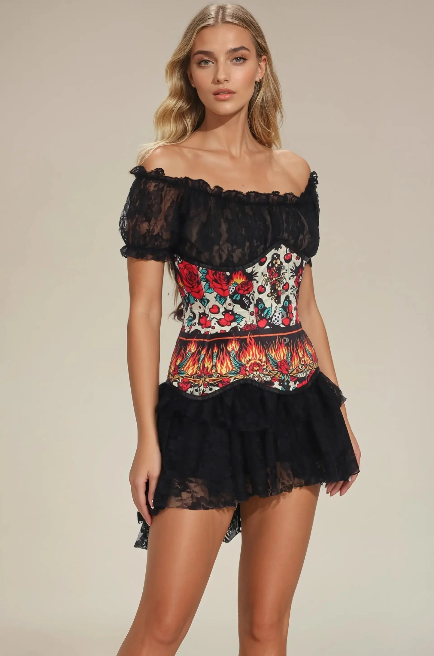 Talani Corset Underbust cu Trandafiri Retro și Flăcări