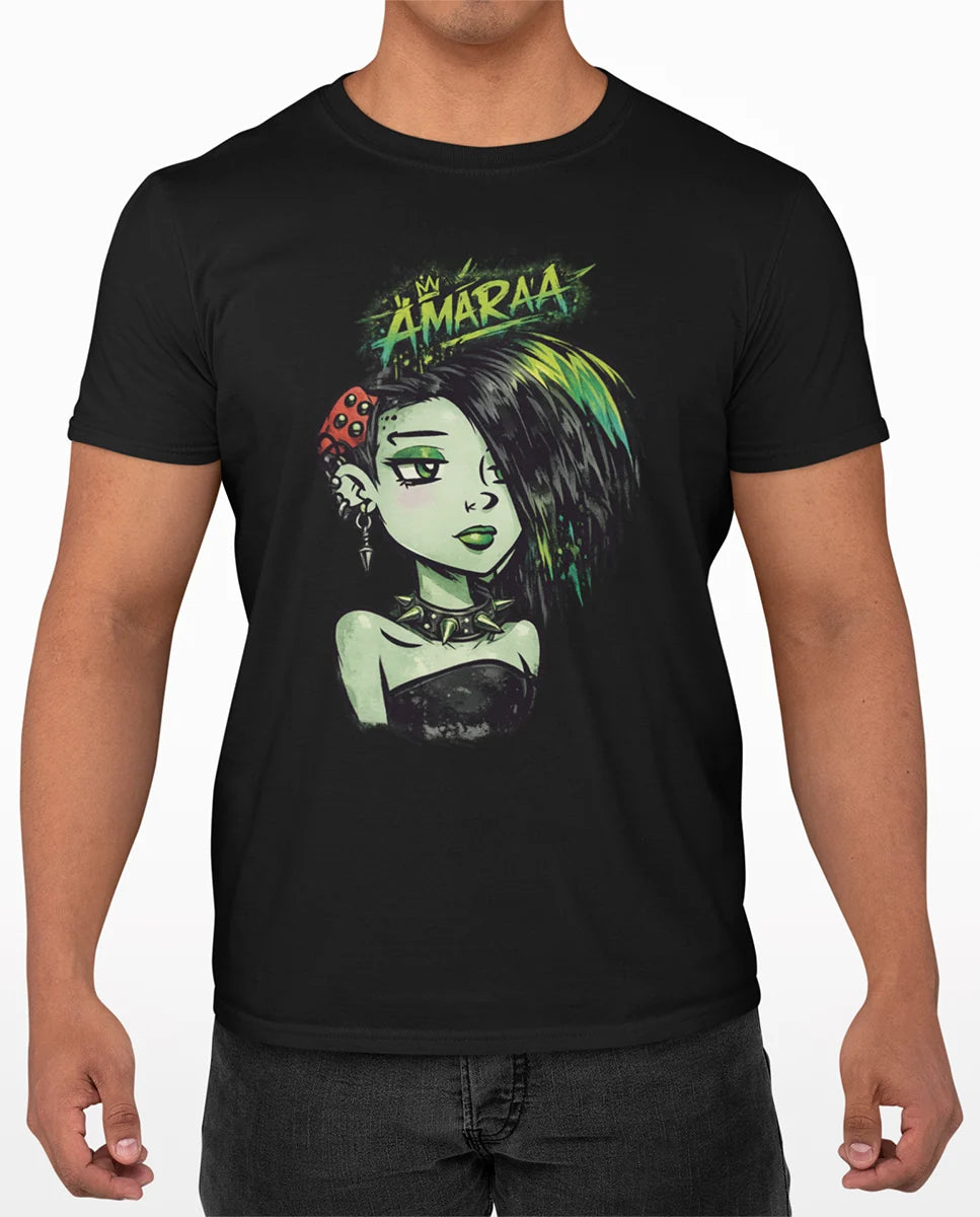 Tricou unisex negru ĀMARA'A Punk cu imprimeu grafic verde și decolteu rotund, purtat de un bărbat 