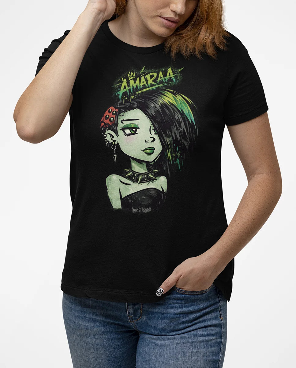 Tricou unisex negru ĀMARA'A Punk cu imprimeu grafic verde și mâneci scurte, purtat de o femeie