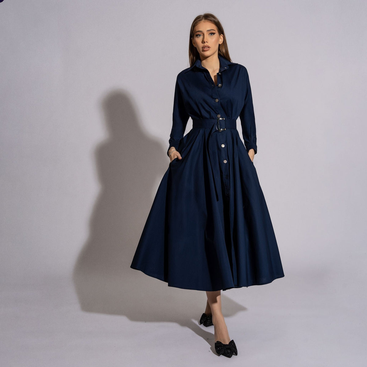 Rochie-cămașă albastră midi din poplin Carolina D