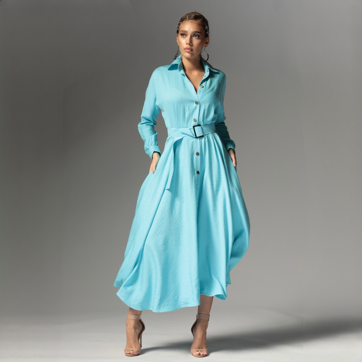 Rochie camasa bleu din in cu nasturi metalici Ingrid Baby Blue - Tratamente pentru par Lenjerie sexy