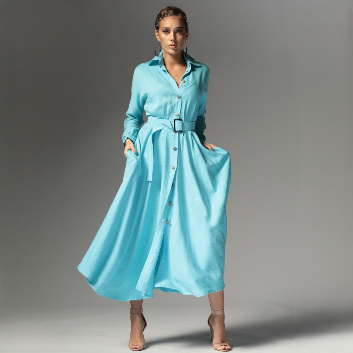 Rochie camasa bleu din in cu nasturi metalici Ingrid Baby Blue - Tratamente pentru par Lenjerie sexy