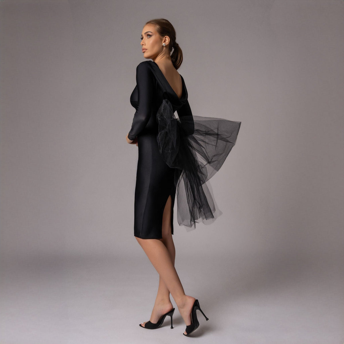 Rochie neagra midi cu funda supradimensionata din tulle Celine - Tratamente pentru par Lenjerie sexy