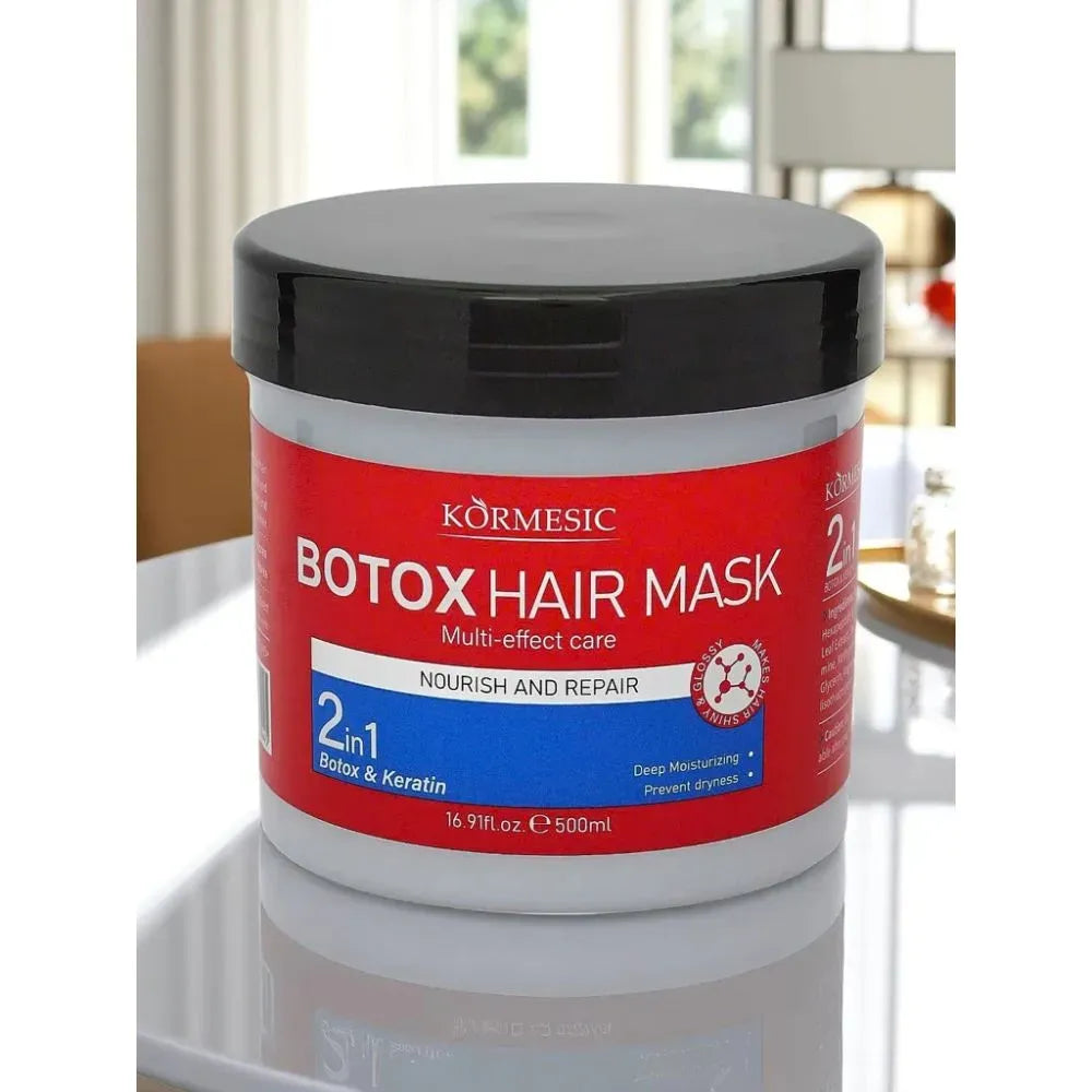 botox pentru parKormesic Botox Hair Mask 500ml – borcan mască păr 2in1 Botox și Keratin pe blat alb, Deep Moisturizing