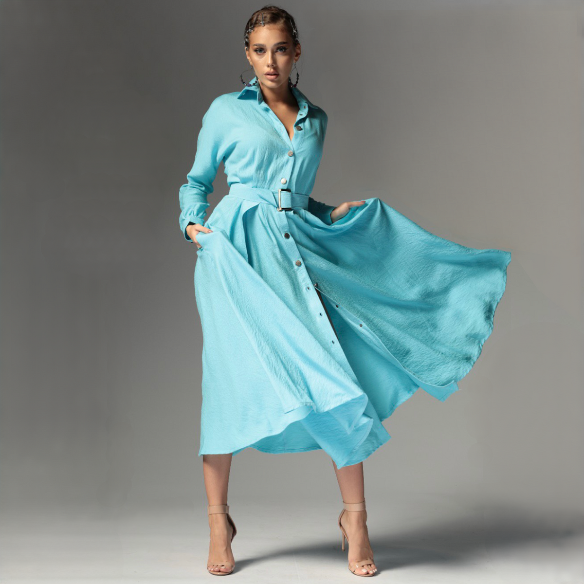 Rochie camasa bleu din in cu nasturi metalici Ingrid Baby Blue - Tratamente pentru par Lenjerie sexy
