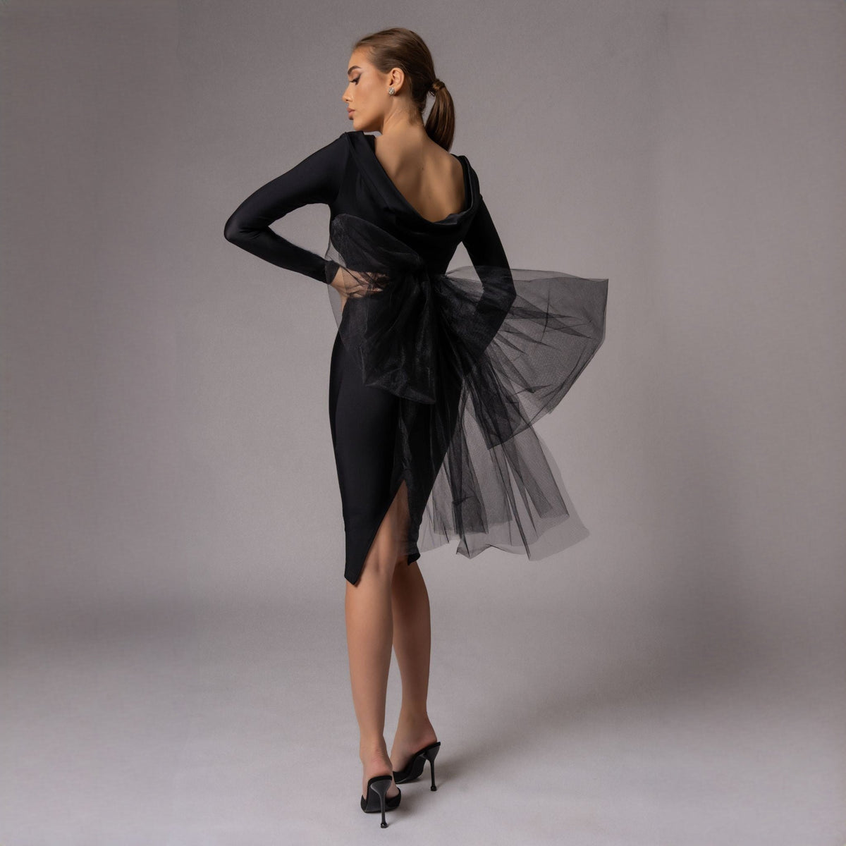 Rochie neagra midi cu funda supradimensionata din tulle Celine - Tratamente pentru par Lenjerie sexy