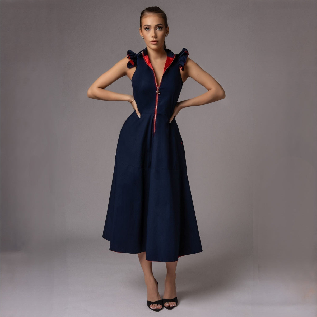 Rochie midi bleumarin din poplin cu fermoar metalic central