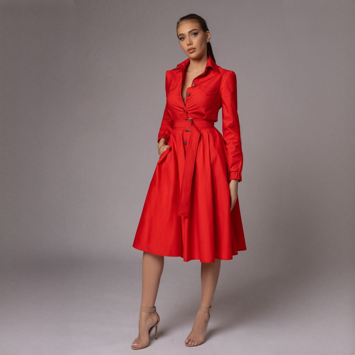 Rochie roșie din poplin de bumbac cu curea și cataramă metalică