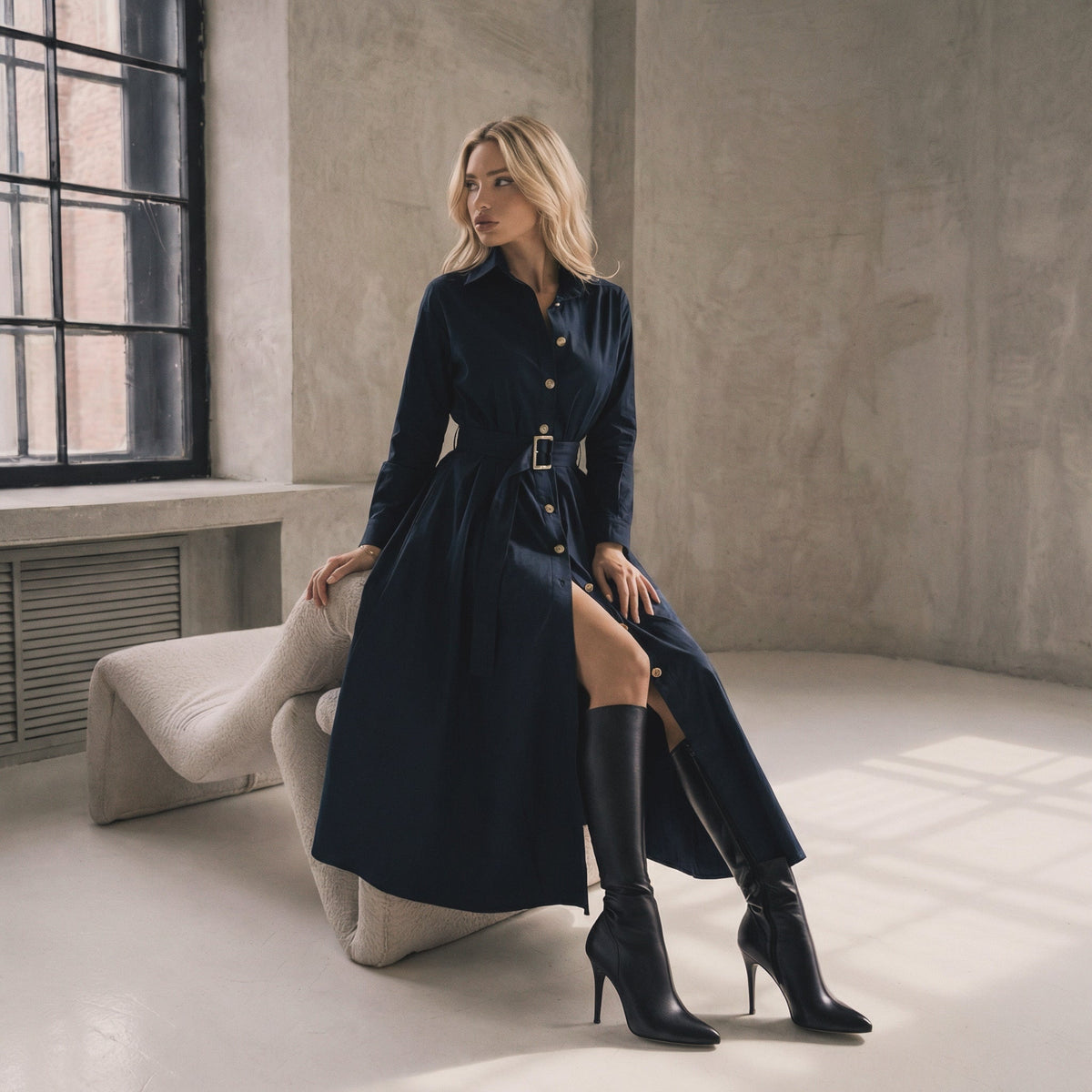 Rochie albastră cu croială tip kimono și cordon în talie