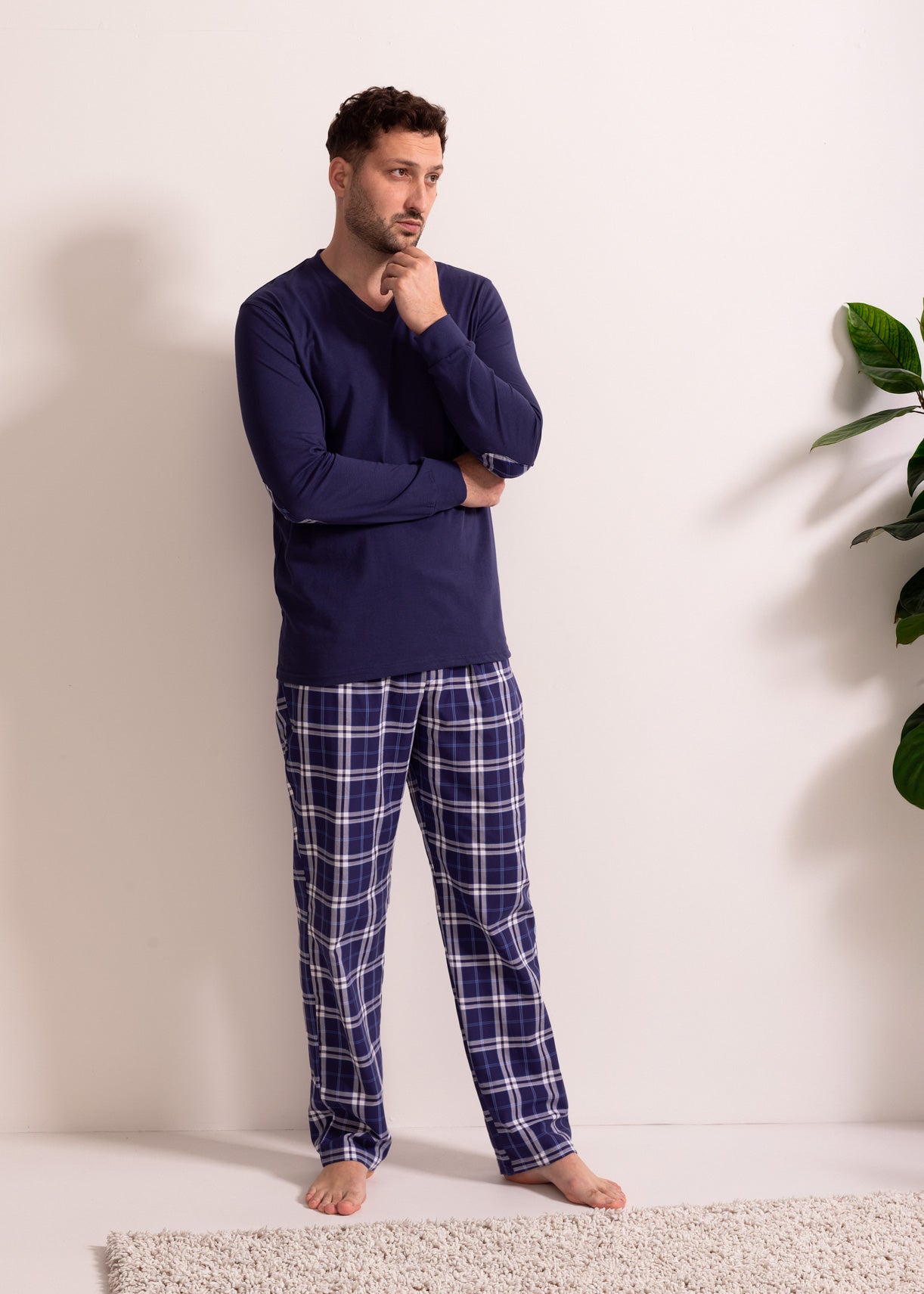 Pijama bărbați bumbac – pijama confortabilă cu mâneci lungi și pantaloni cu buzunare