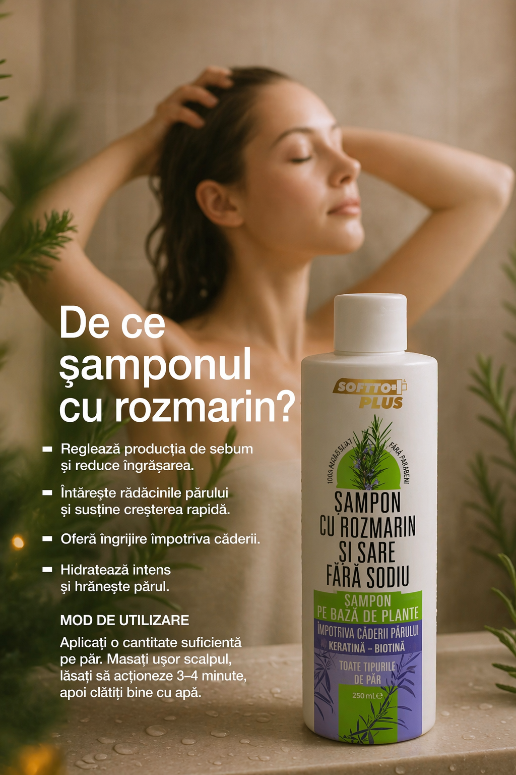 Șampon fără sare cu rozmarin, keratină și biotină