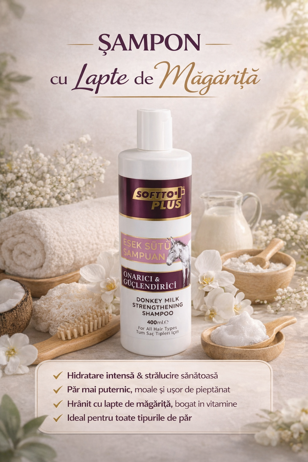 Șampon fortifiant cu lapte de măgăriță pentru hidratarea și întărirea părului