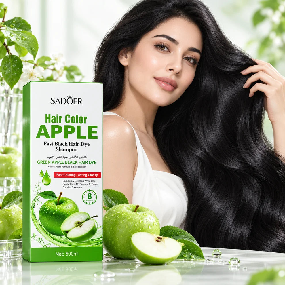 Șampon colorant negru SADOER cu extract de măr verde, 500 ml, în cutie albă și verde cu imagine de măr 