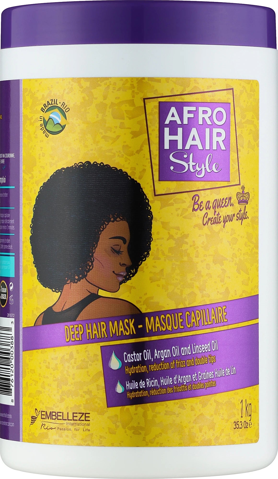 Mască hidratantă Novex Afro Hair Style 1 kg pentru păr creț și afro, recipient cu capac violet și etichetă galbenă